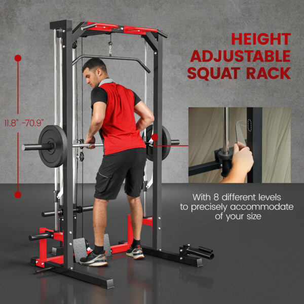 Smith Machine Power Rack with Pull Up Bar, Lat Pull Down System, Landmine, Squat Rack, Barbell Bar, for Home Gym