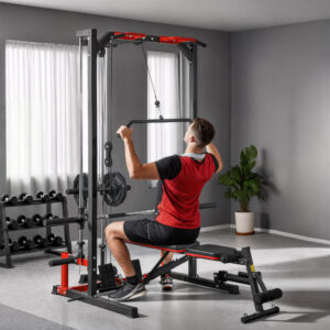 Smith Machine Power Rack with Pull Up Bar, Lat Pull Down System, Landmine, Squat Rack, Barbell Bar, for Home Gym