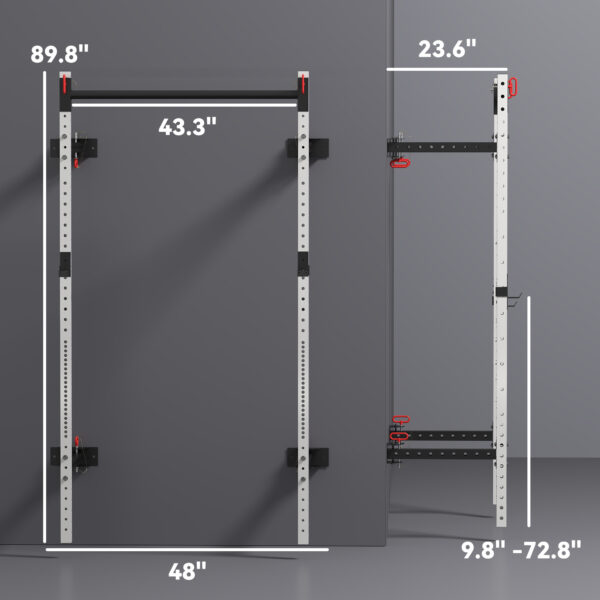 Folding Squat Rack With Pull Up Bar, Wall Mounted And Adjustable, 1000 Pounds Capacity Power Rack, White