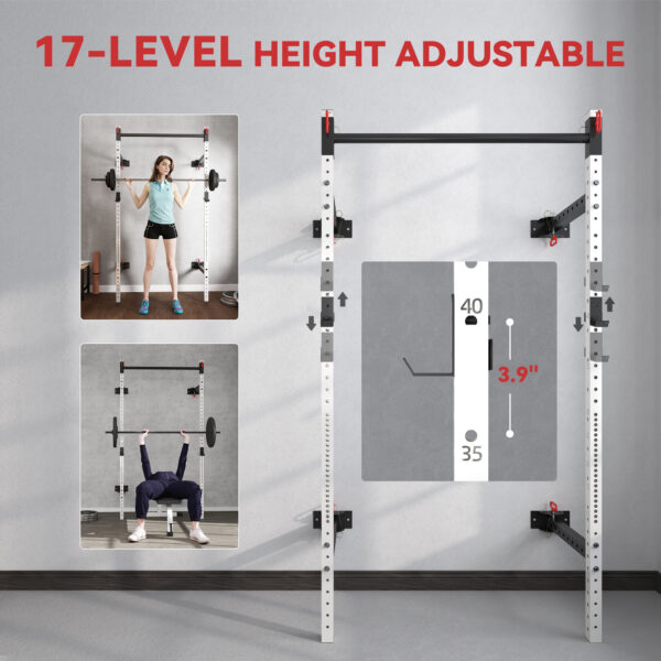 Folding Squat Rack With Pull Up Bar, Wall Mounted And Adjustable, 1000 Pounds Capacity Power Rack, White